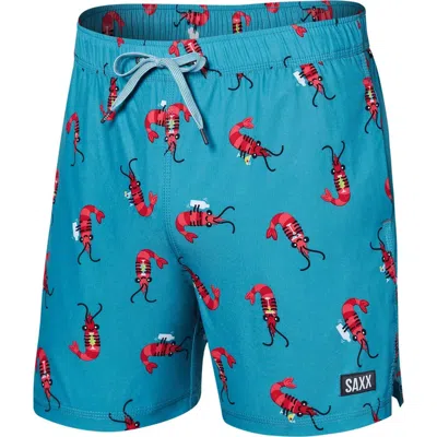 Saxx Oh Buoy 2n1 Volley Short Men's Blue Shrimp Drawstring Swimwear Buu853 In Green