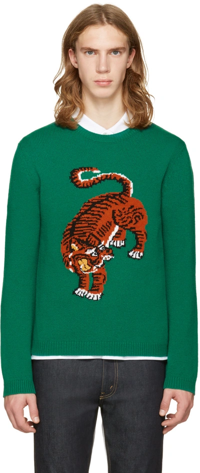 Gucci Crewneck Sweater W/tiger Intarsia, Green
