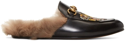 Gucci Black Fur Tiger Princetown Slippers In Nocolor