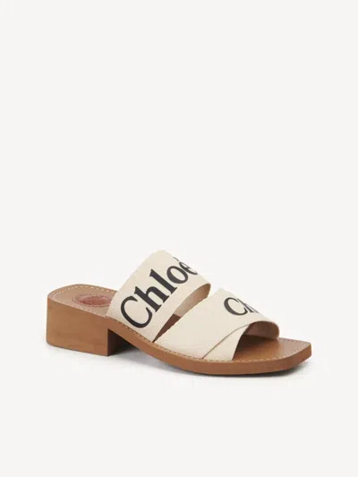 Chloé "woody 45mm" Slides In Linen And Leather In Multi