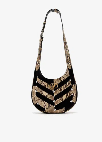 Valentino Garavani  Garavani Hoboho Small Hobo Bag In Python And Chevron-patterned Suede Wi In Multi