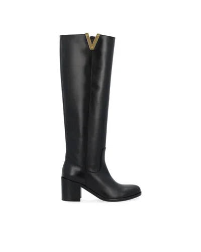 Via Roma 15 Black Knee-high Boots With Cut-out On The Side And Logo Plaque In Leather Woman In Black
