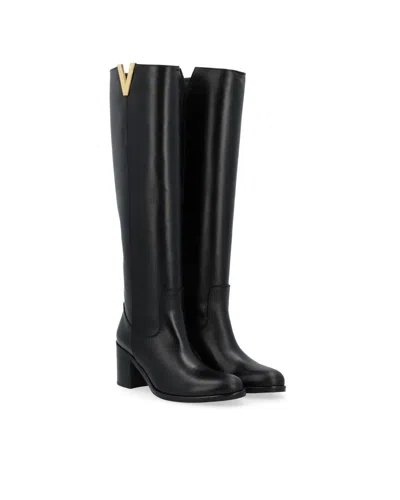 Via Roma 15 Black Knee-high Boots With Cut-out On The Side And Logo Plaque In Leather Woman In Black