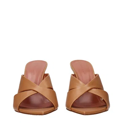 Amina Muaddi Brown Leather Stiletto Heel Women's Sandals In Brown