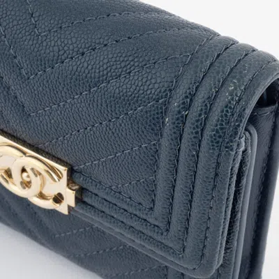 Pre-owned Chanel Boy  Blue Green Caviar Leather Wallet (tri-fold) () In Multi