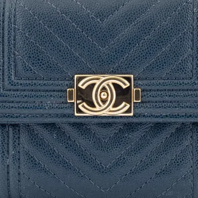 Pre-owned Chanel Boy  Blue Green Caviar Leather Wallet (tri-fold) () In Multi