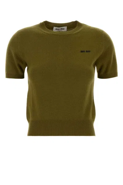 Miu Miu Short Sleeve Crew Neck Knitwear Top In Green