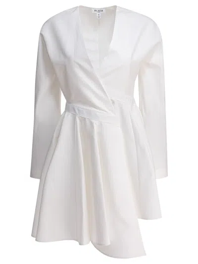 Alaïa Asym Belt Dress In Poplin In White