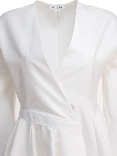 Alaïa Asym Belt Dress In Poplin In White