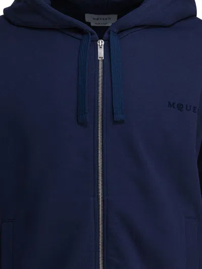 Alexander Mcqueen Full-zip Hooded Sweatshirt With Embroidered Detailing In Blue