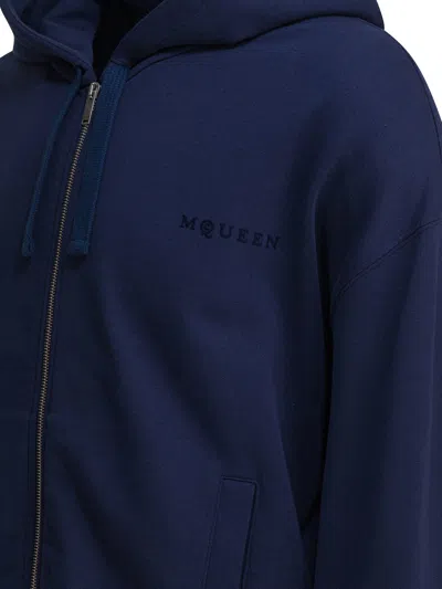 Alexander Mcqueen Full-zip Hooded Sweatshirt With Embroidered Detailing In Blue