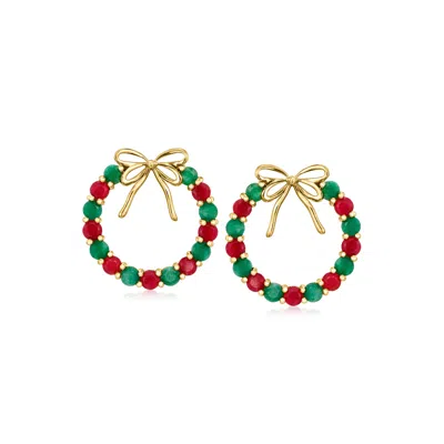 Ross-simons Ruby And Emerald Ribbon Wreath Drop Earrings In 18kt Gold Over Sterling In Green
