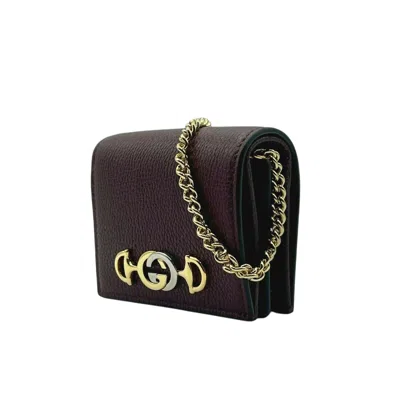 Gucci Zumi Burgundy Leather Gold Chain Bi-fold Mini Wallet In Brown