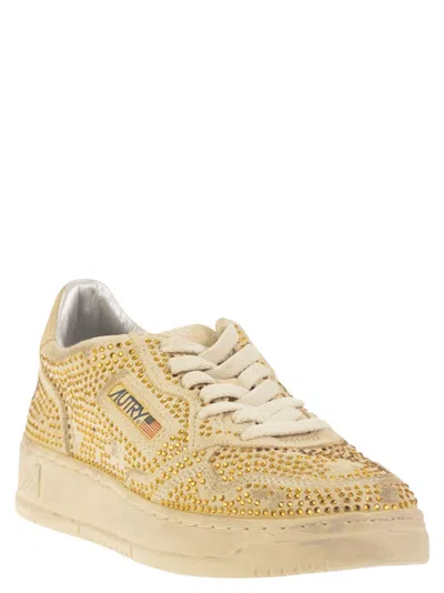 Autry Medalist Low Sneakers In Bronze Suede With Crystal Micro Rhinestones In Neutral