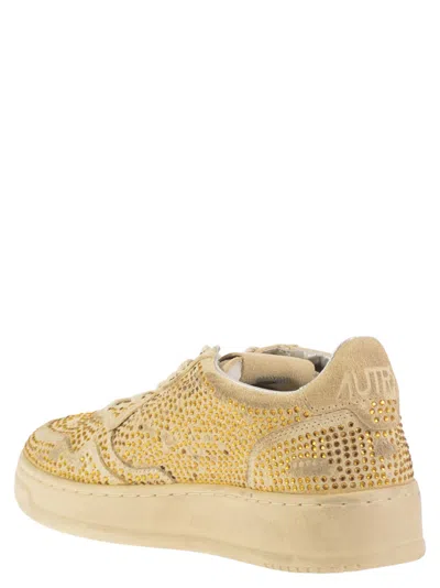 Autry Medalist Low Sneakers In Bronze Suede With Crystal Micro Rhinestones In Neutral
