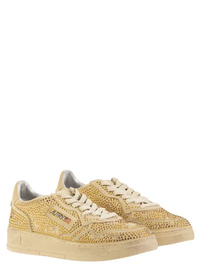 Autry Medalist Low Sneakers In Bronze Suede With Crystal Micro Rhinestones In Neutral