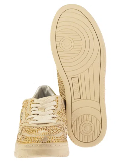 Autry Medalist Low Sneakers In Bronze Suede With Crystal Micro Rhinestones In Neutral