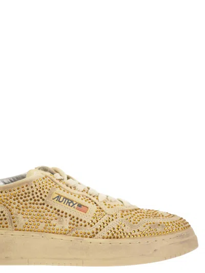 Autry Medalist Low Sneakers In Bronze Suede With Crystal Micro Rhinestones In Neutral