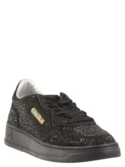 Autry Medalist Low Suede Trainers With Rhinestones In Black