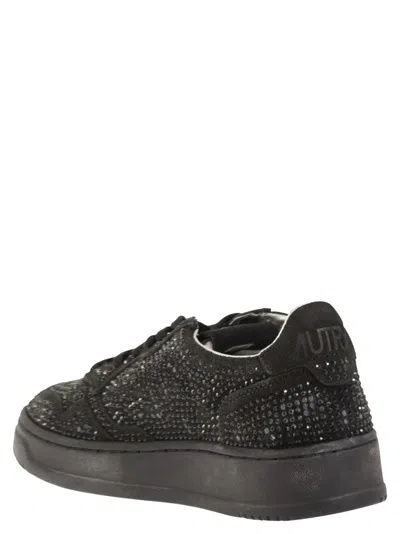 Autry Medalist Low Suede Trainers With Rhinestones In Black