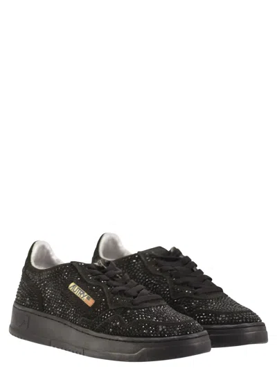 Autry Medalist Low Suede Trainers With Rhinestones In Black