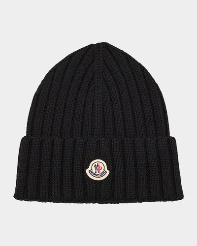 Moncler Mol20933b00036a9327999bb Ribbed Merino Wool Beanie In Black
