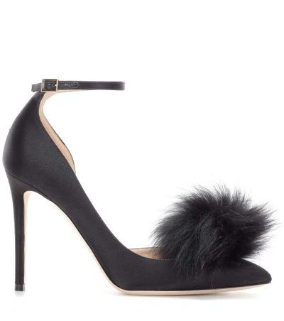 Jimmy Choo Rosa 100 Black Suede Pointy Toe Pumps With Clip On Pom Poms ...
