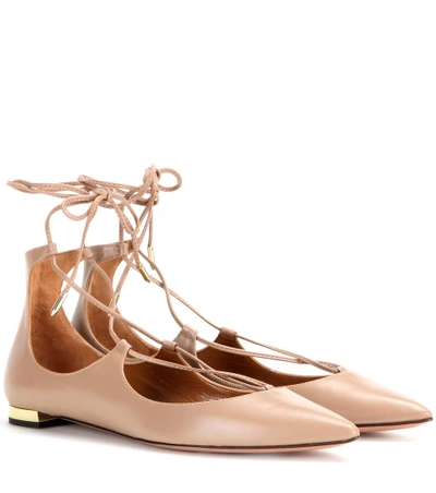 Shop Aquazzura Christy Flat Leather Ballerinas In Beige