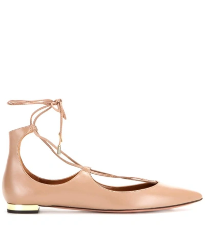 Shop Aquazzura Christy Flat Leather Ballerinas In Beige