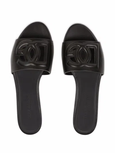 Dolce & Gabbana Black Leather Slides With Dg Logo In Brown