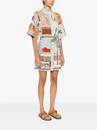 Alemais Michelle Printed Belted Linen Mini Shirt Dress In Multi