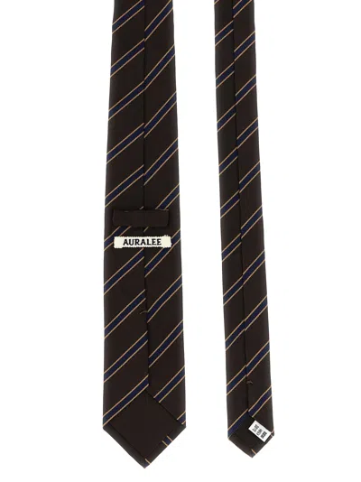 Auralee Striped Silk Tie In Brown