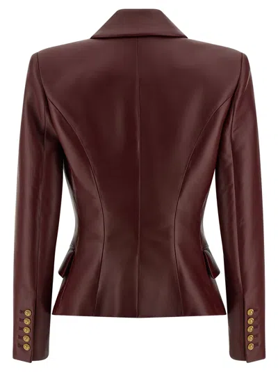 Balmain Double-breasted Leather Blazer In Burgundy
