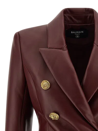 Balmain Double-breasted Leather Blazer In Burgundy