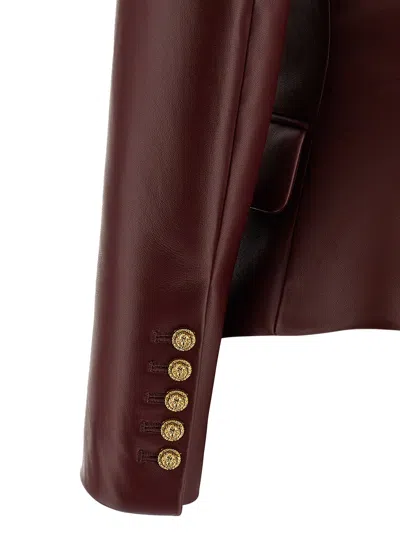Balmain Double-breasted Leather Blazer In Burgundy