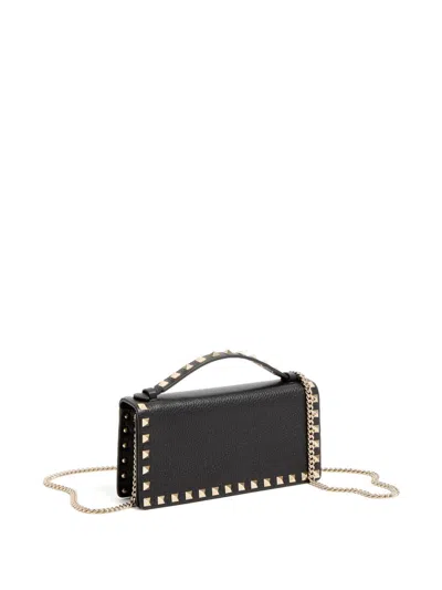 Valentino Garavani Rockstud Grainy Leather Wallet With Detachable Chain Accessories In Black