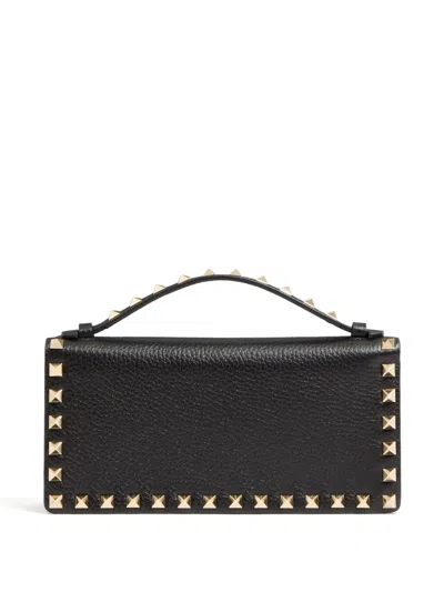 Valentino Garavani Rockstud Grainy Leather Wallet With Detachable Chain Accessories In Black