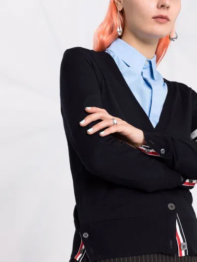 Thom Browne Navy Merino Wool 4-bar Relaxed Fit V-neck Cardigan In Blue