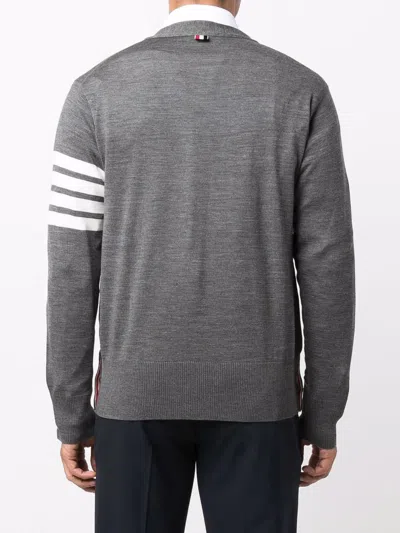 Thom Browne V-neck Grey Wool Cardigan With Signature Striped Detail In Gray