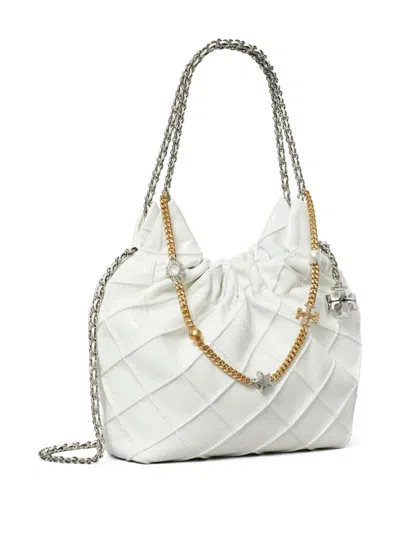 Tory Burch Mini Fleming Soft Distressed Drawstring Bag In White