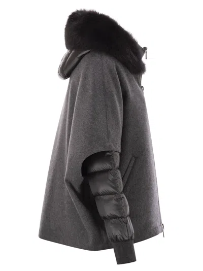 Moorer Short Cape In Dark Gray Cashmere Wool With Detachable Goose Down Jacket In Gray
