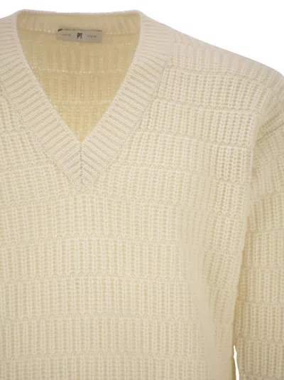 Pt Torino Wool Sweater With V Neck In White