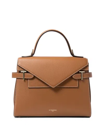 Le Tanneur Emilie Medium Double Flap Handbag Model In Grained Leather In Brown
