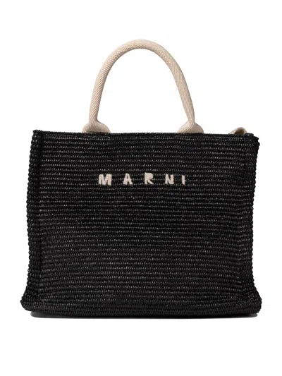 Marni Large Raffia Effect Tote Bag In Black