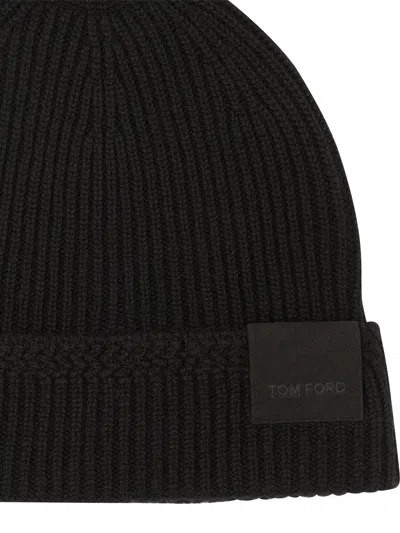 Tom Ford Mens Black Logo-patch Ribbed Cashmere-knit Beanie Hat In Black