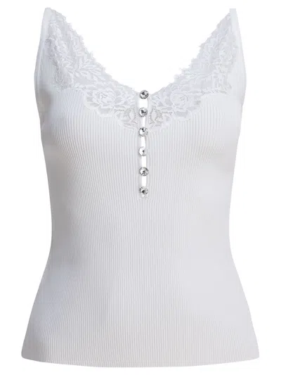 Self-portrait Self Portrait Ribbed Tank Top With Lace Neckline In White