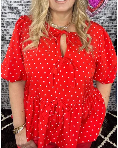 Vine & Love Heart Front Tie Top In Red In Red