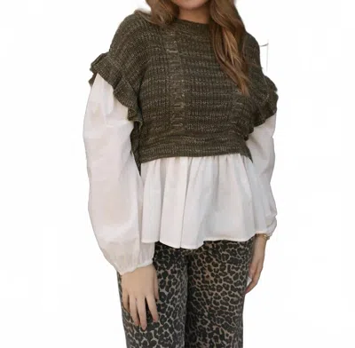 Miou Muse Sweater Combo Top In Olive In Green