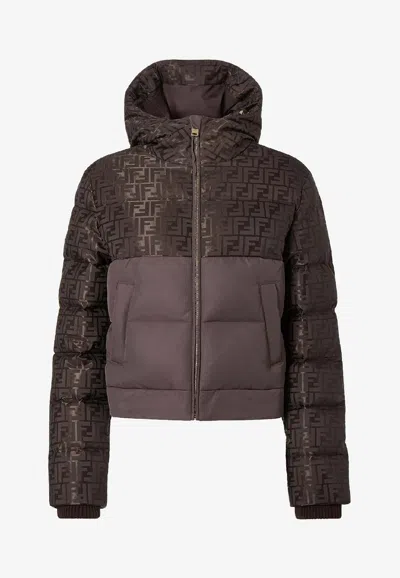 Fendi Women Brown Down Jacket With Drawstring Hood And Ff Motif In Tech Fabric Woman In Brown