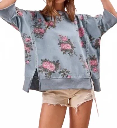 Bibi Women's Flower Printed Denim Top In Blue In Blue